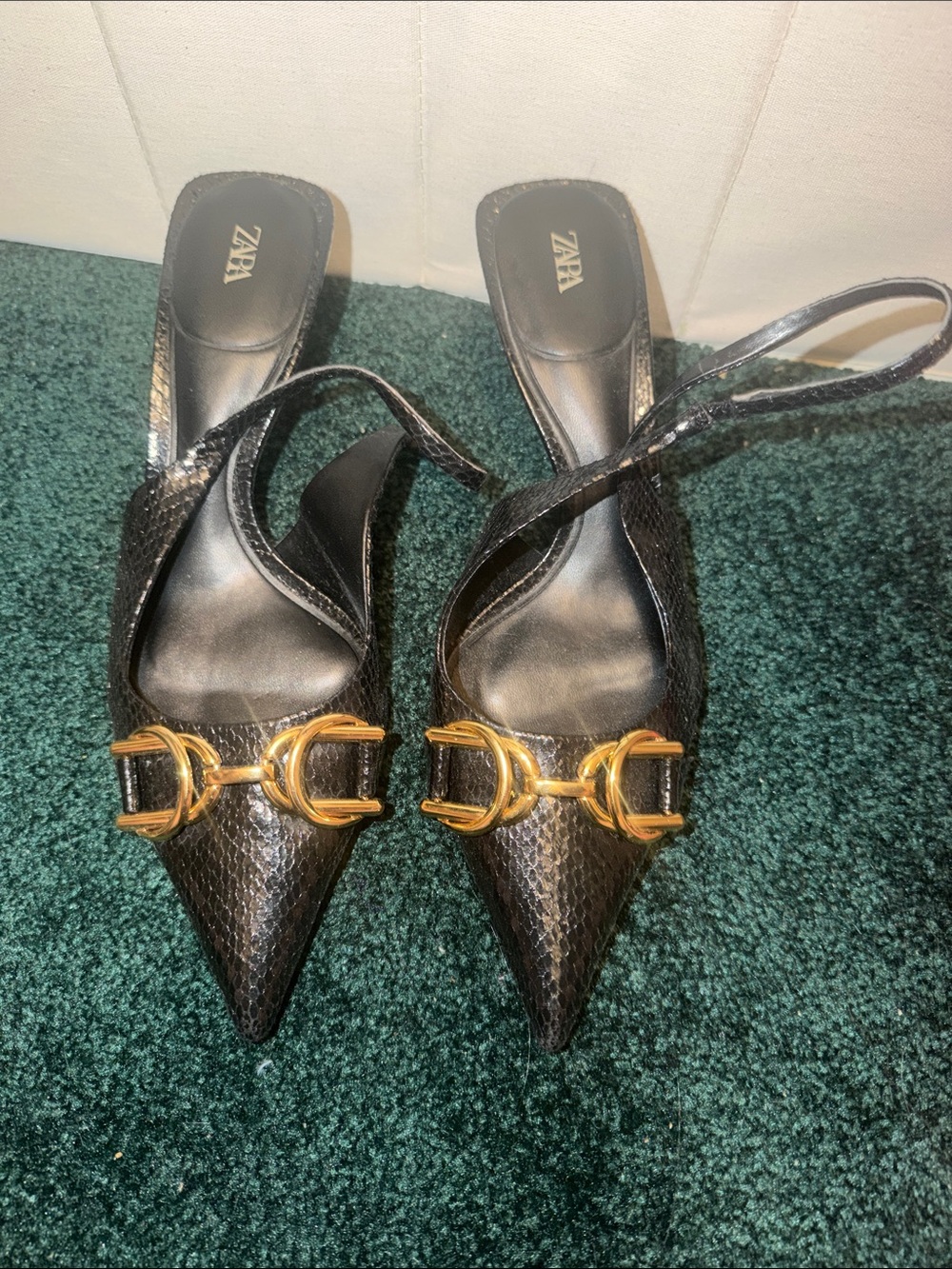 ZARA Black Pointed Slingback Heels with Gold Buckle Detail